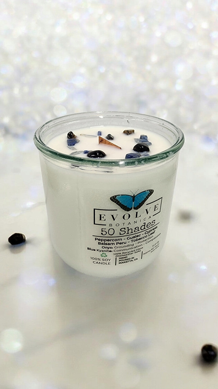 Evolve Botanica Rocks Candle – 50 Shades (Wood Wick, Onyx & Blue Kyanite, Soy Candle)