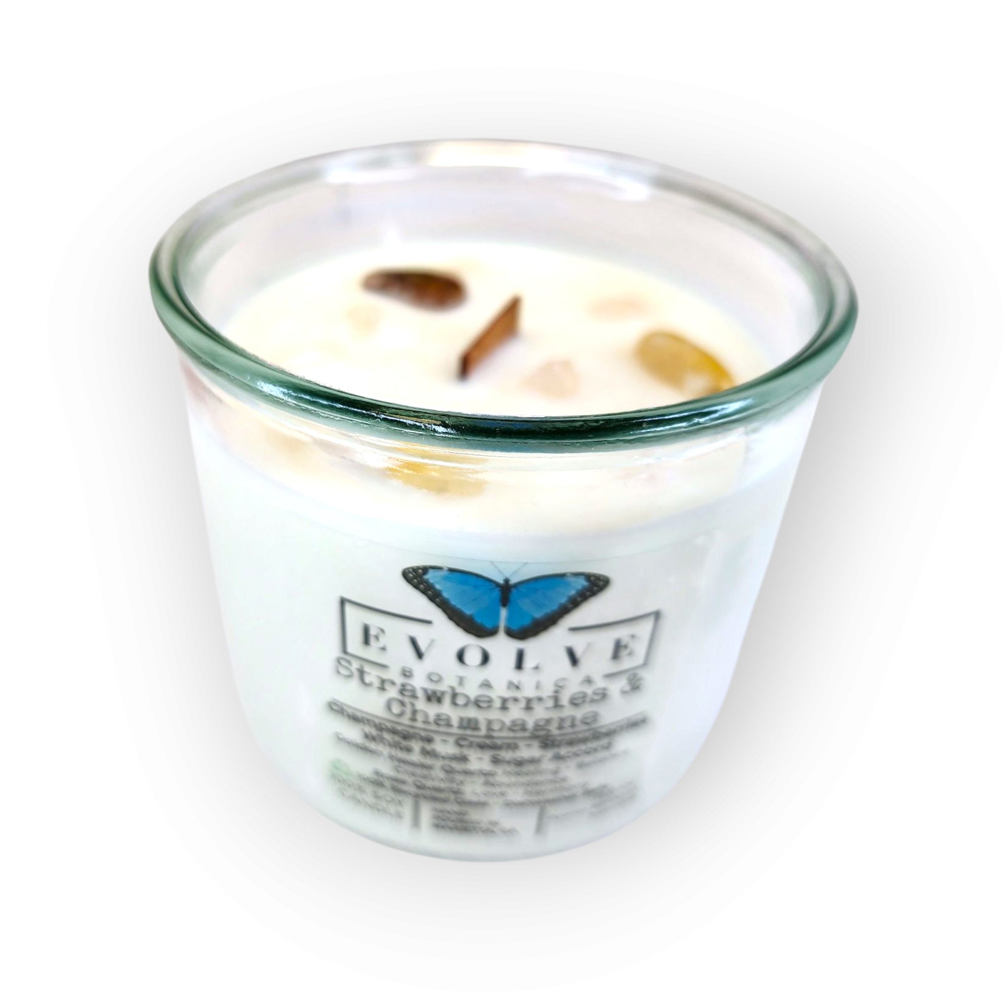 Rocks Candle - Strawberries & Champagne (Wood Wick, Golden Healer Quartz & Rose Quartz Soy Candle)