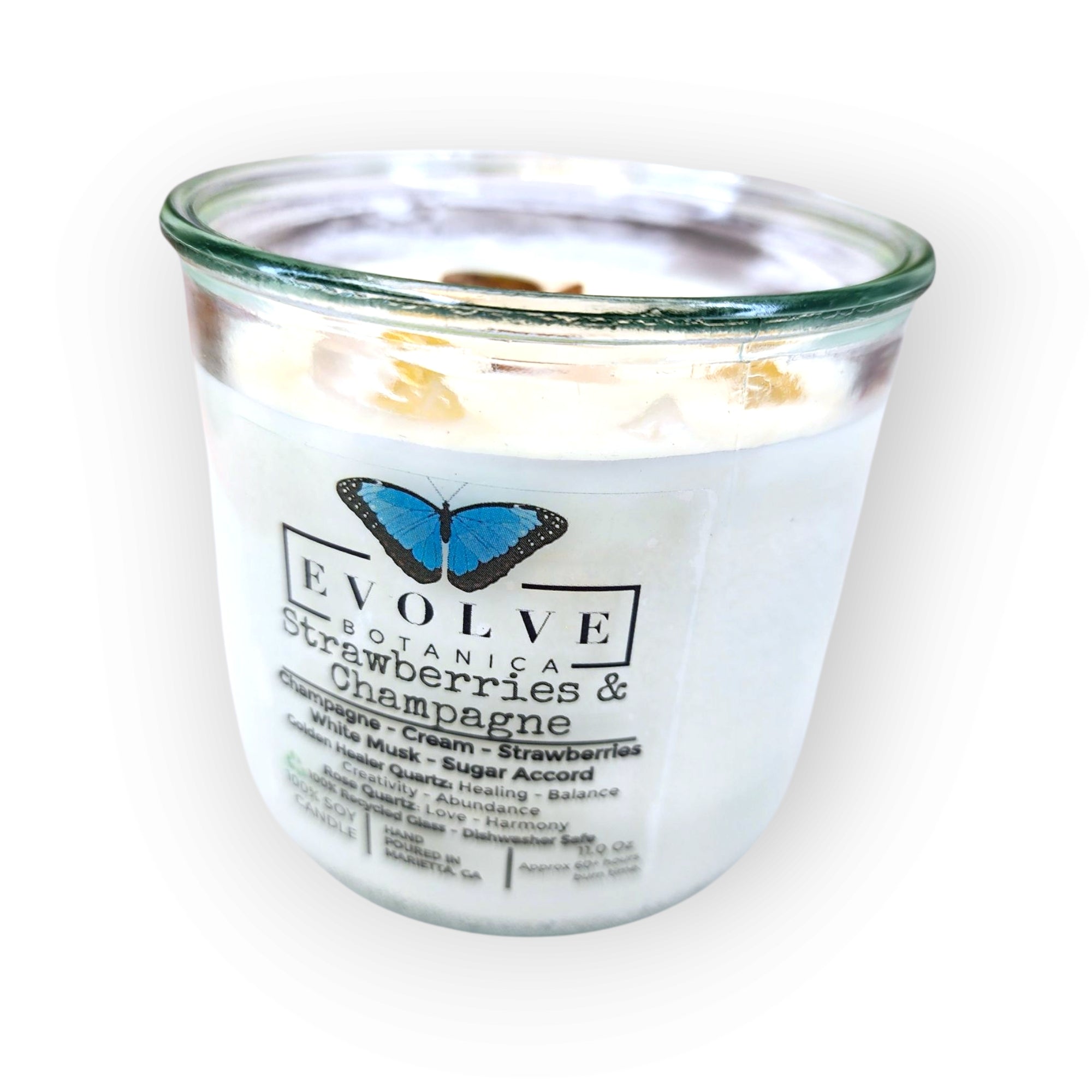 Rocks Candle - Strawberries & Champagne (Wood Wick, Golden Healer Quartz & Rose Quartz Soy Candle)