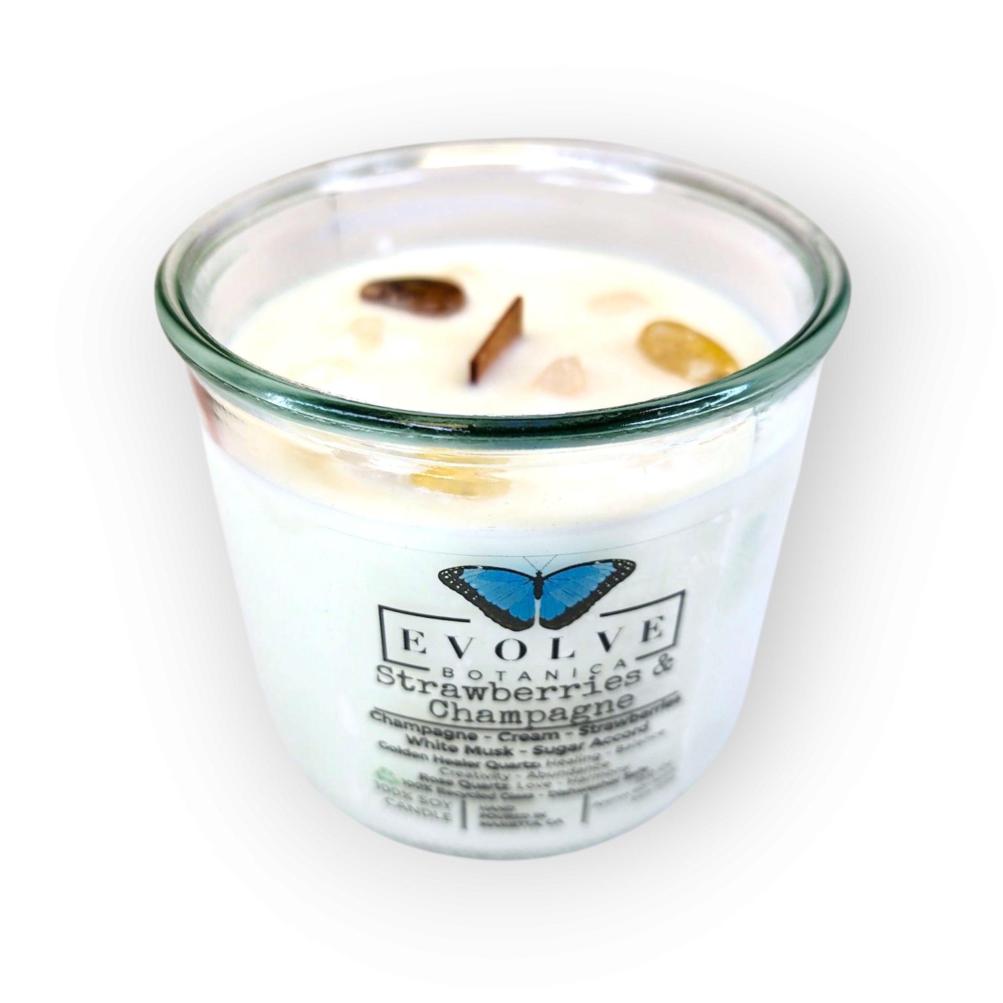 Rocks Candle - Strawberries & Champagne (Wood Wick, Golden Healer Quartz & Rose Quartz Soy Candle)