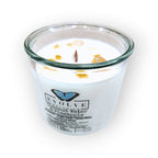Evolve Botanica Coconut & Pineapple Rocks Candle — wood wick soy candle topped with Golden Healer Quartz and Yellow Aventurine, scented with pineapple, sugar cane and white musk