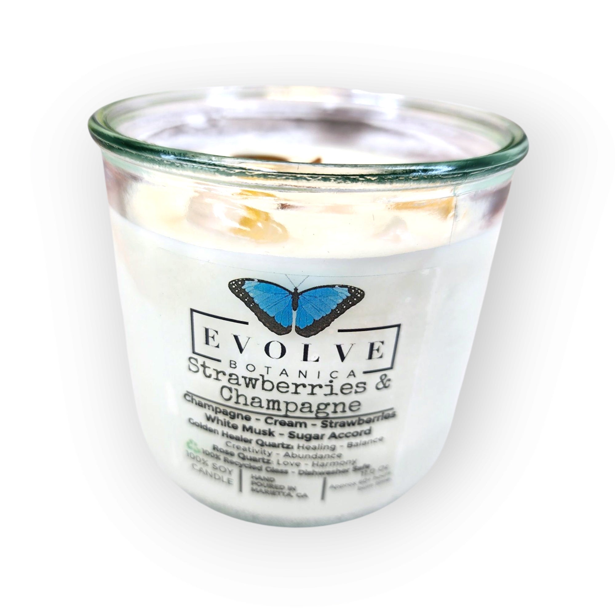 Rocks Candle - Strawberries & Champagne (Wood Wick, Golden Healer Quartz & Rose Quartz Soy Candle)