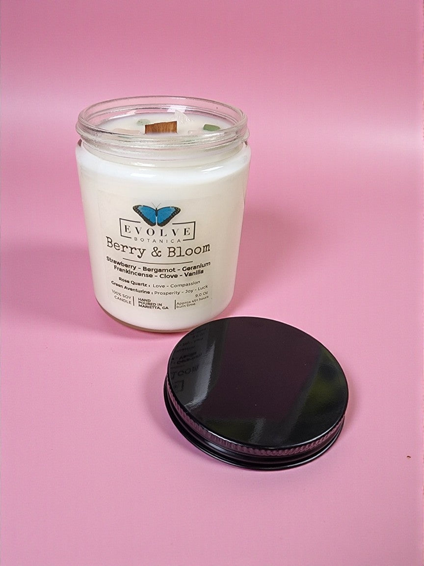 Berry & Bloom 9oz Jam Jar Soy Candle, Green Aventurine & Rose Quartz