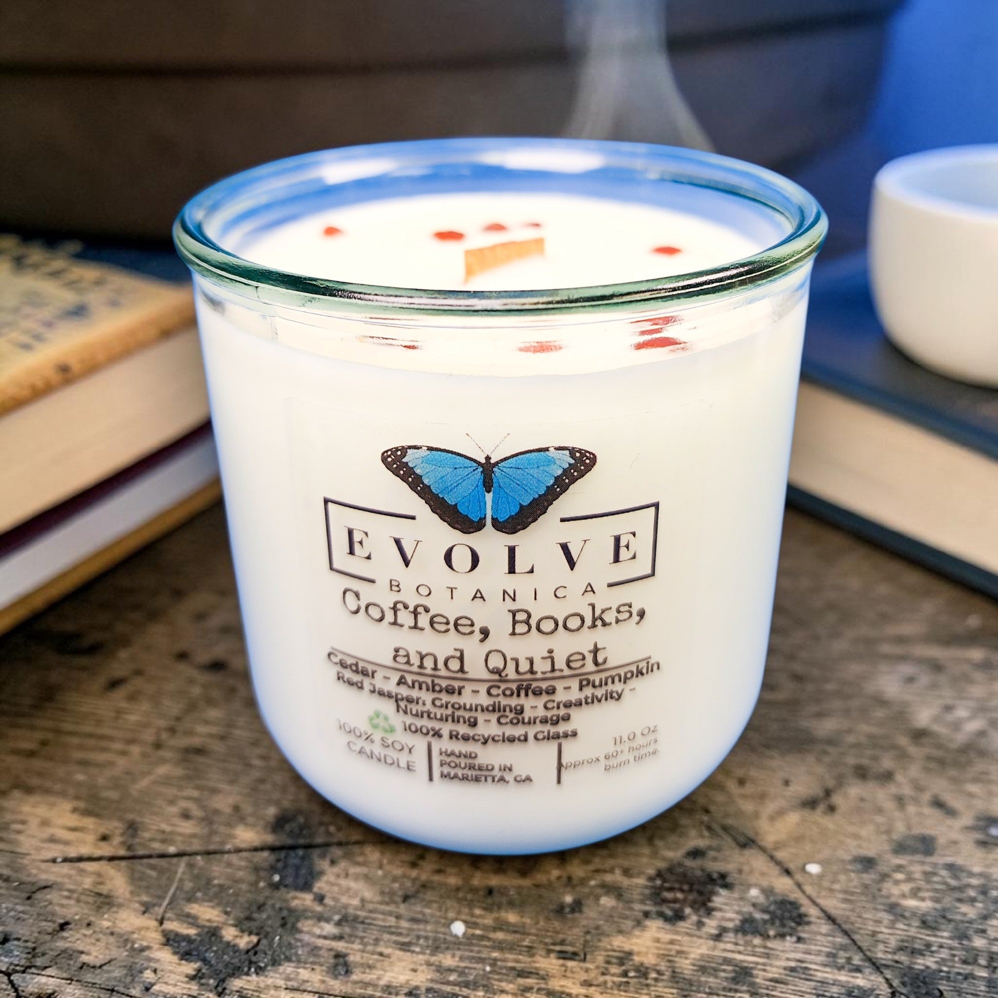 Coffee Books & Quiet Rocks candle with Red Jasper — coffee, leather & cozy spice