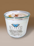 Evolve Botanica Pumpkin Brulee Rocks Candle — wood wick soy candle topped with Golden Healer Quartz and Yellow Aventurine, scented with pumpkin, cinnamon, tonka bean, orange zest, pastry crust and star anise
