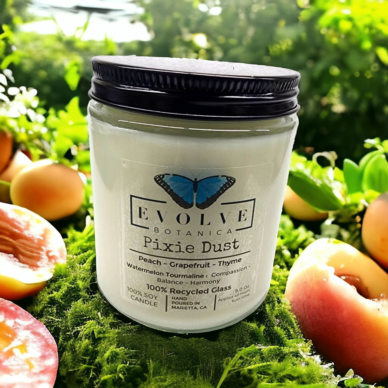 Evolve Botanica Classic 9oz Jam Jar Crystal Soy Candle - Pixie Dust (Watermelon Tourmaline)