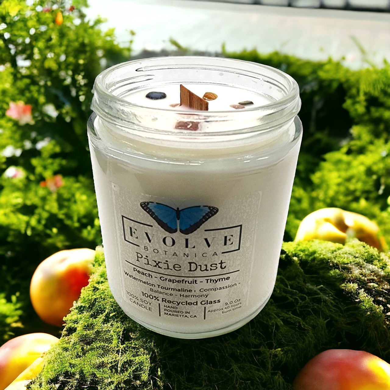 Evolve Botanica Classic 9oz Jam Jar Crystal Soy Candle - Pixie Dust (Watermelon Tourmaline)