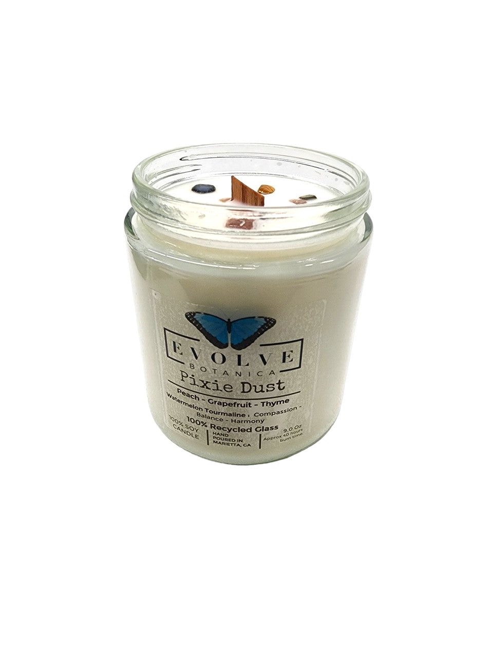 Evolve Botanica Classic 9oz Jam Jar Crystal Soy Candle - Pixie Dust (Watermelon Tourmaline)