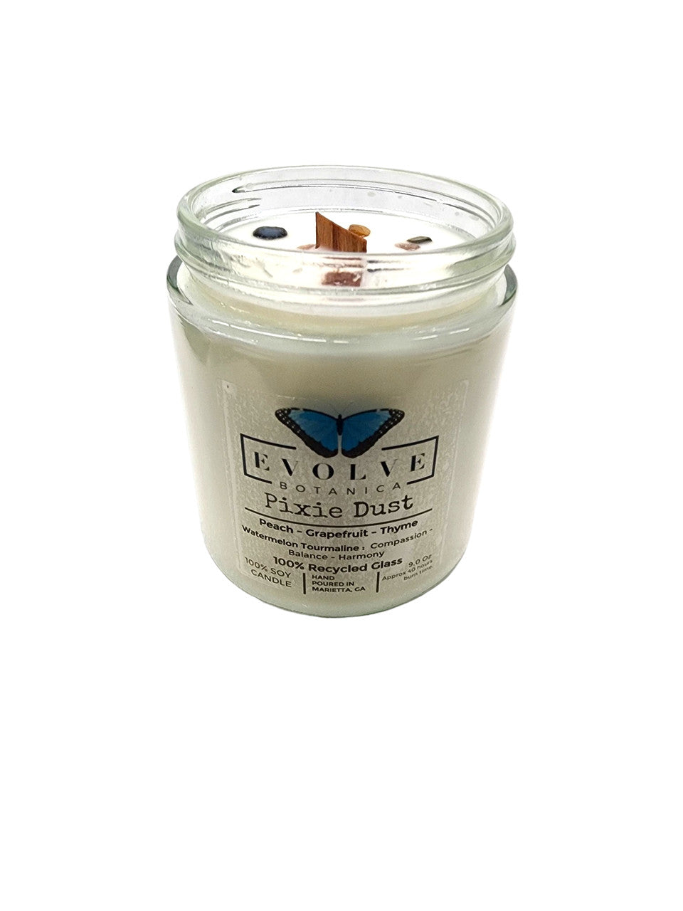 Evolve Botanica Classic 9oz Jam Jar Crystal Soy Candle - Pixie Dust (Watermelon Tourmaline)