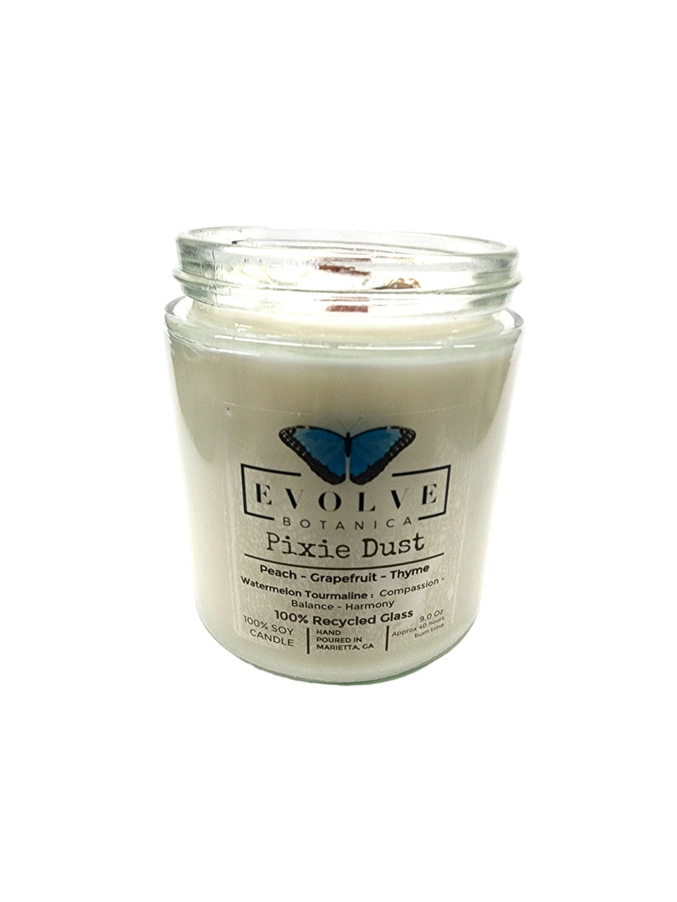 Evolve Botanica Classic 9oz Jam Jar Crystal Soy Candle - Pixie Dust (Watermelon Tourmaline)