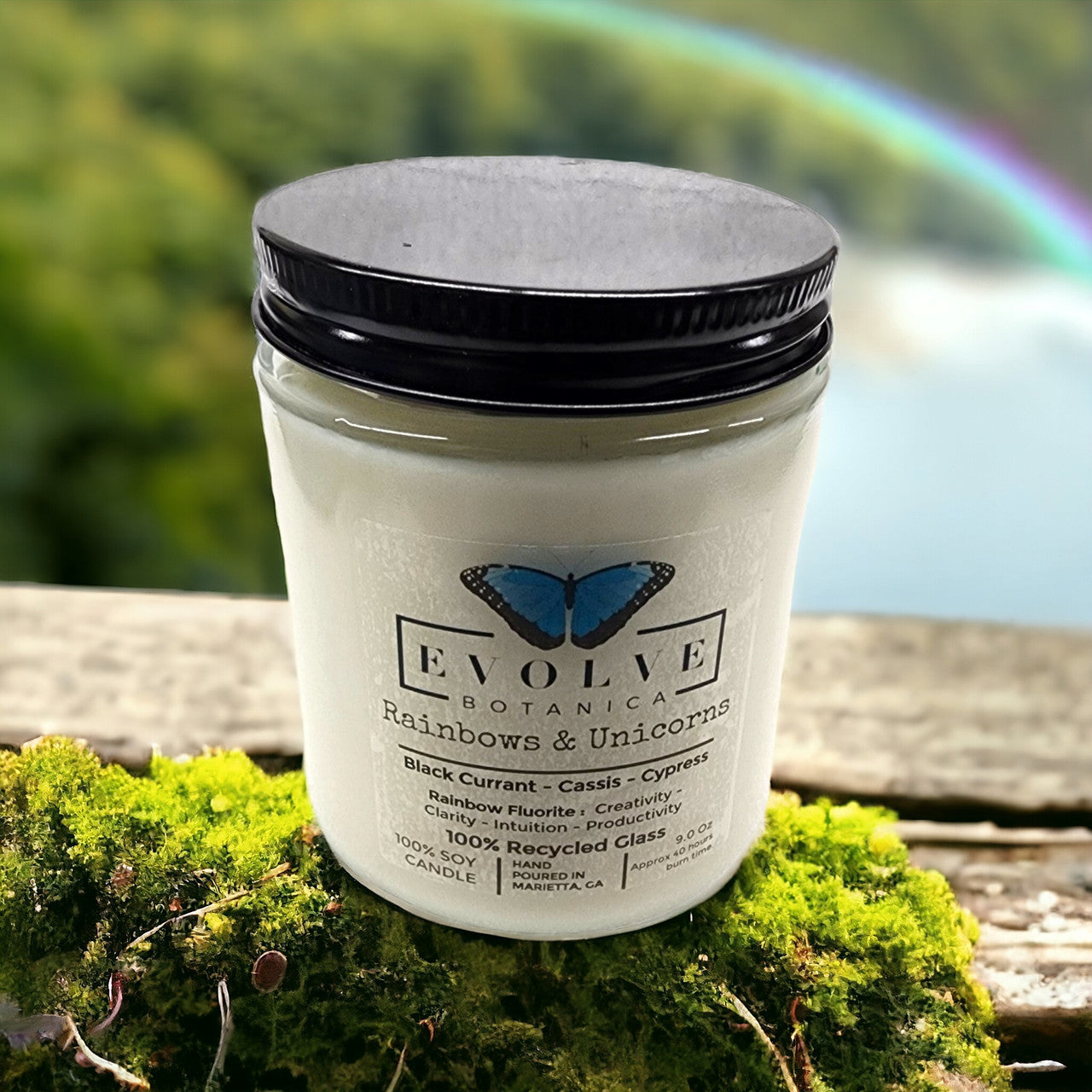 Classic 9oz Jam Jar Crystal Soy Candle - Rainbows & Unicorns (Fluorite) Evolve Botanica