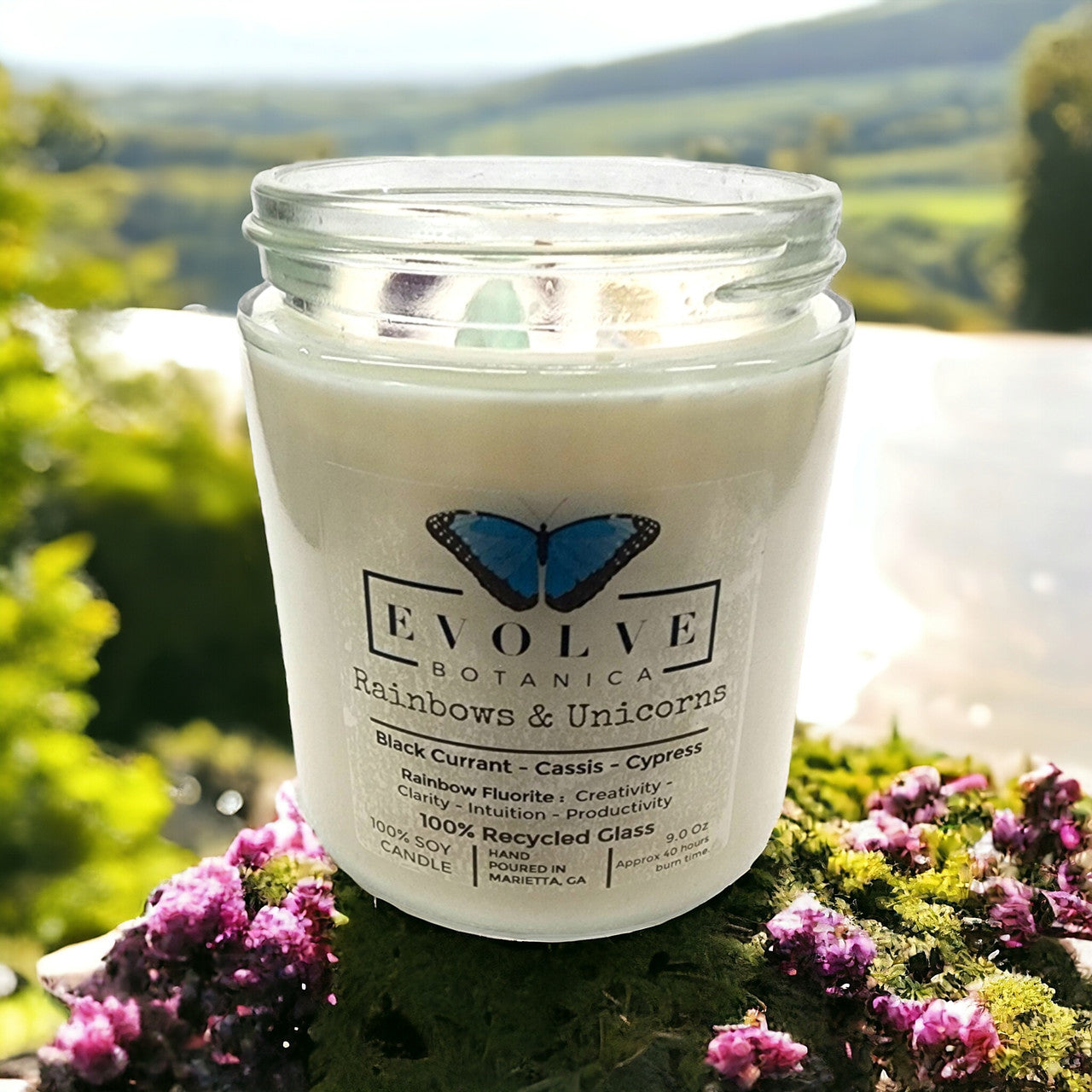 Classic 9oz Jam Jar Crystal Soy Candle - Rainbows & Unicorns (Fluorite) Evolve Botanica