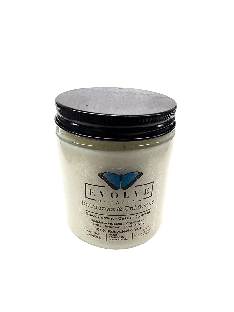 Classic 9oz Jam Jar Crystal Soy Candle - Rainbows & Unicorns (Fluorite) Evolve Botanica