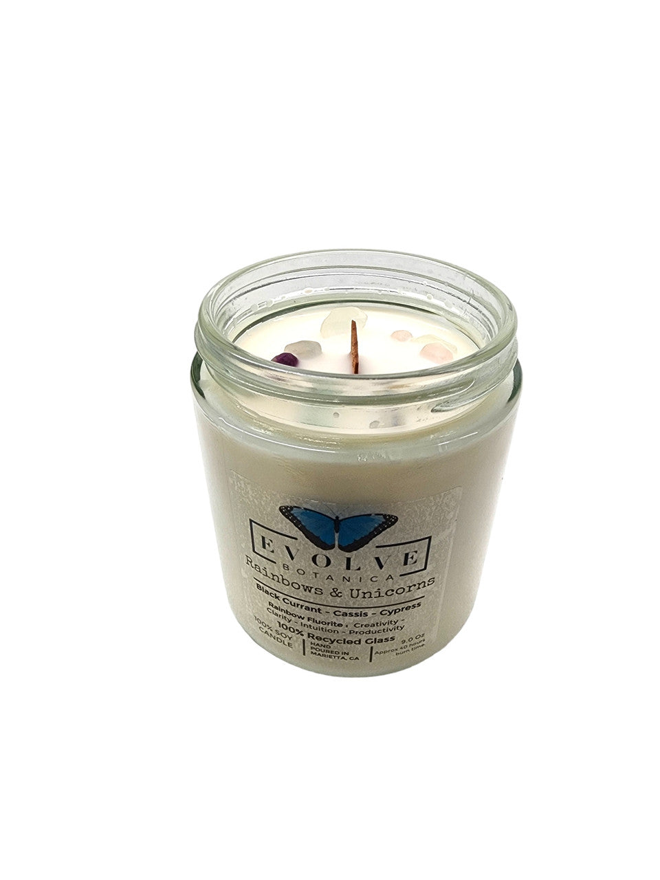 Classic 9oz Jam Jar Crystal Soy Candle - Rainbows & Unicorns (Fluorite) Evolve Botanica