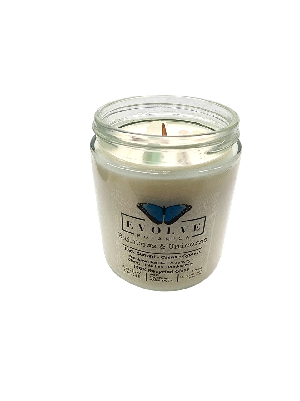 Classic 9oz Jam Jar Crystal Soy Candle - Rainbows & Unicorns (Fluorite) Evolve Botanica