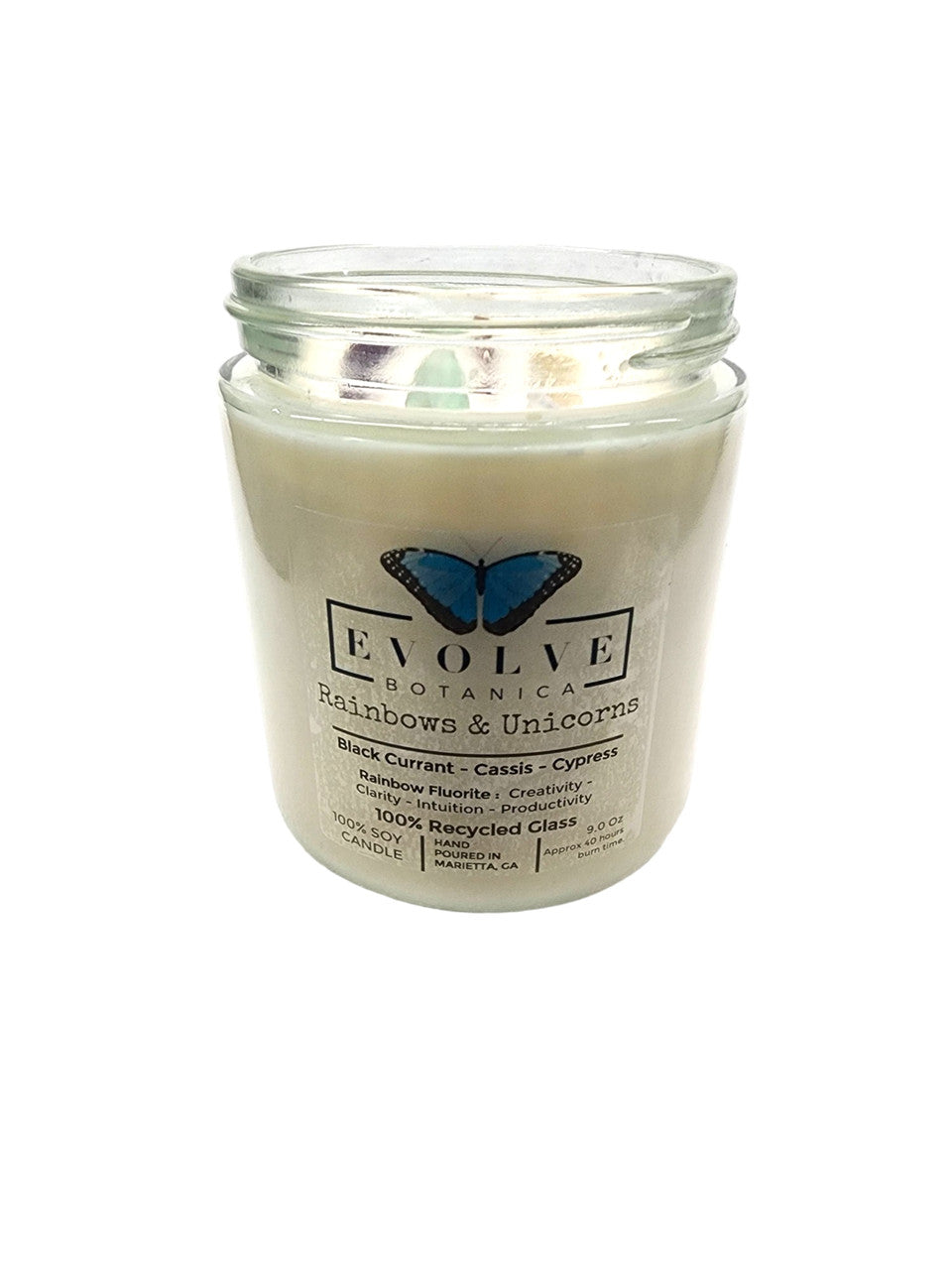 Classic 9oz Jam Jar Crystal Soy Candle - Rainbows & Unicorns (Fluorite) Evolve Botanica