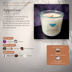 Apparition scent notes — Lavender Blossom, Marshmallow, Espresso, Burnt Caramel, Dark Chocolate Ganache, Madagascar Vanilla, Tonka Bean, and Velvet Musk paired with Howlite and Snow Quartz crystals. Evolve Botanica Rocks candle: 11 oz soy wax, wood wick, reusable glass.