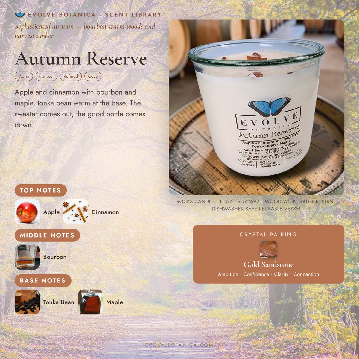 Autumn Reserve scent notes — Apple, Cinnamon, Bourbon, Tonka Bean, and Maple paired with a Gold Sandstone crystal. Evolve Botanica Rocks candle: 11 oz soy wax, wood wick, reusable glass.
