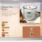 Banana Nut Brulee scent notes — Banana, Toasted Nuts, and Brulee Sugar paired with Citrine and Tiger Eye crystals. Evolve Botanica Rocks candle: 11 oz soy wax, wood wick, reusable glass.