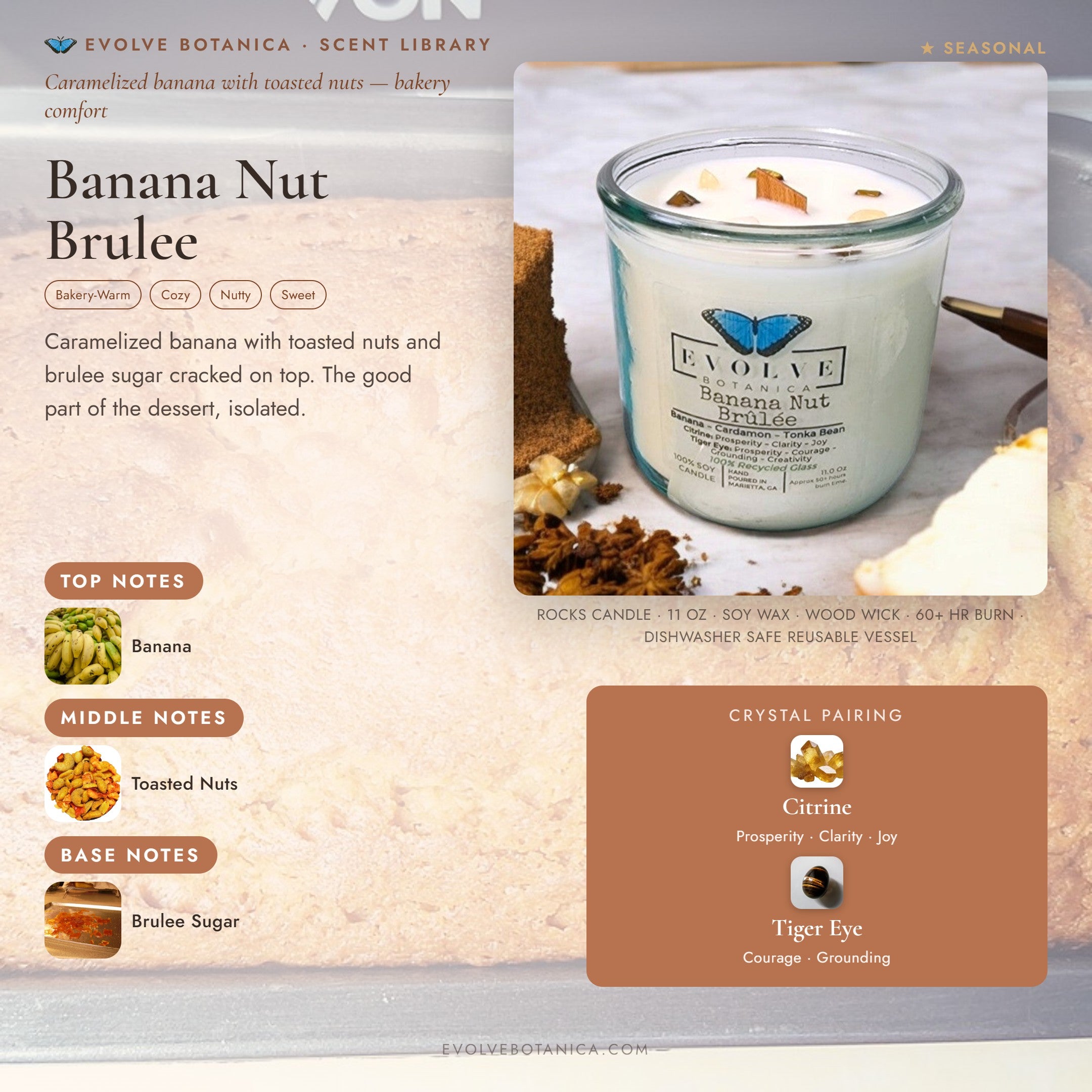 Banana Nut Brulee scent notes — Banana, Toasted Nuts, and Brulee Sugar paired with Citrine and Tiger Eye crystals. Evolve Botanica Rocks candle: 11 oz soy wax, wood wick, reusable glass.