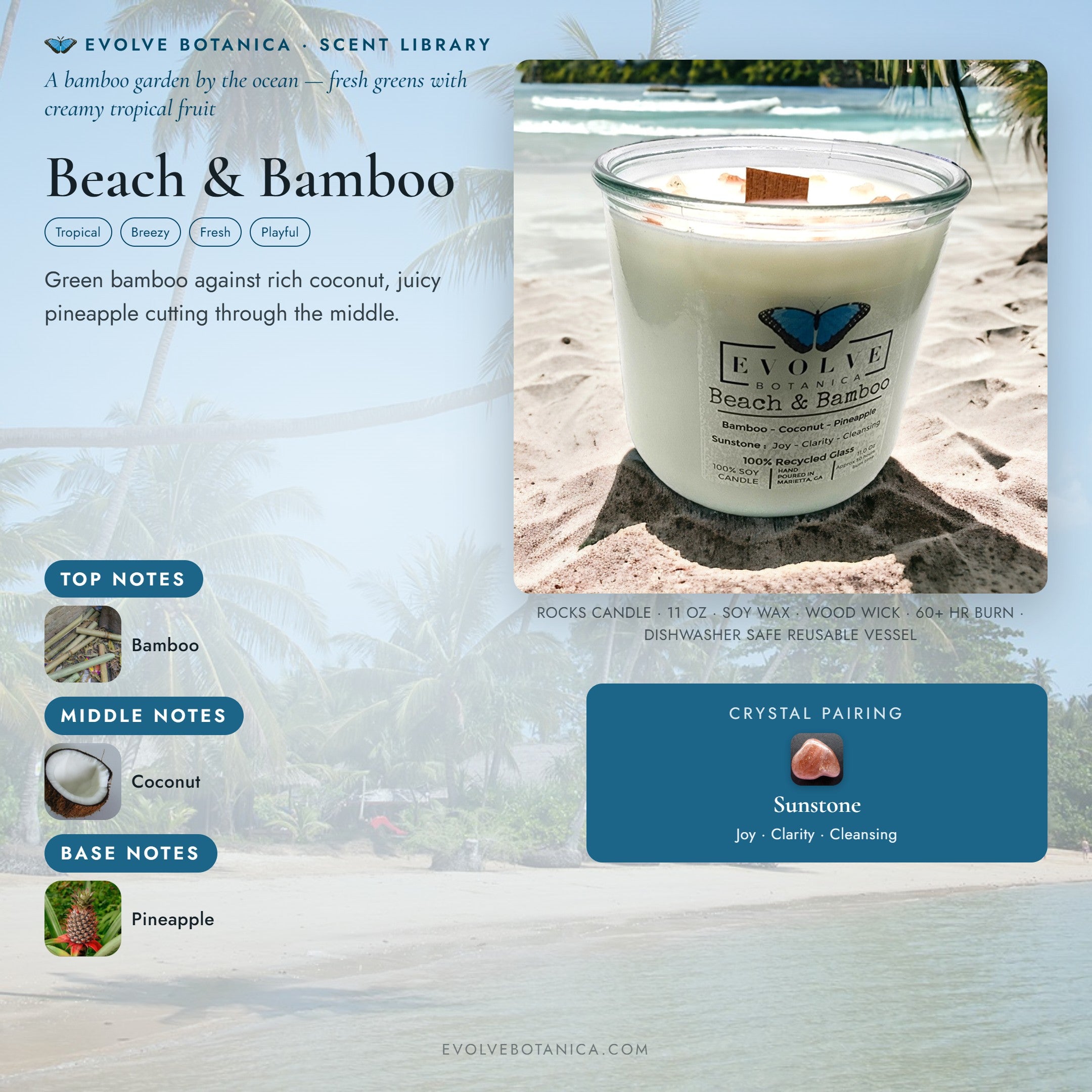 Beach & Bamboo scent notes — Bamboo, Coconut, and Pineapple paired with a Sunstone crystal. Evolve Botanica Rocks candle: 11 oz soy wax, wood wick, reusable glass.