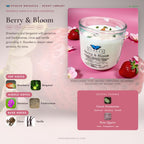 Berry & Bloom scent notes — Strawberry, Bergamot, Geranium, Frankincense, Clove, and Vanilla paired with Rose Quartz and Green Aventurine crystals. Evolve Botanica Rocks candle: 11 oz soy wax, wood wick, reusable glass.