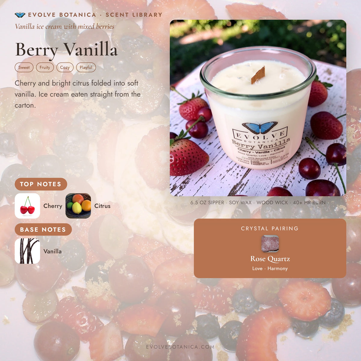 Berry Vanilla scent notes — Cherry, Vanilla, and Citrus paired with a Rose Quartz crystal. Evolve Botanica Rocks candle: 11 oz soy wax, wood wick, reusable glass.
