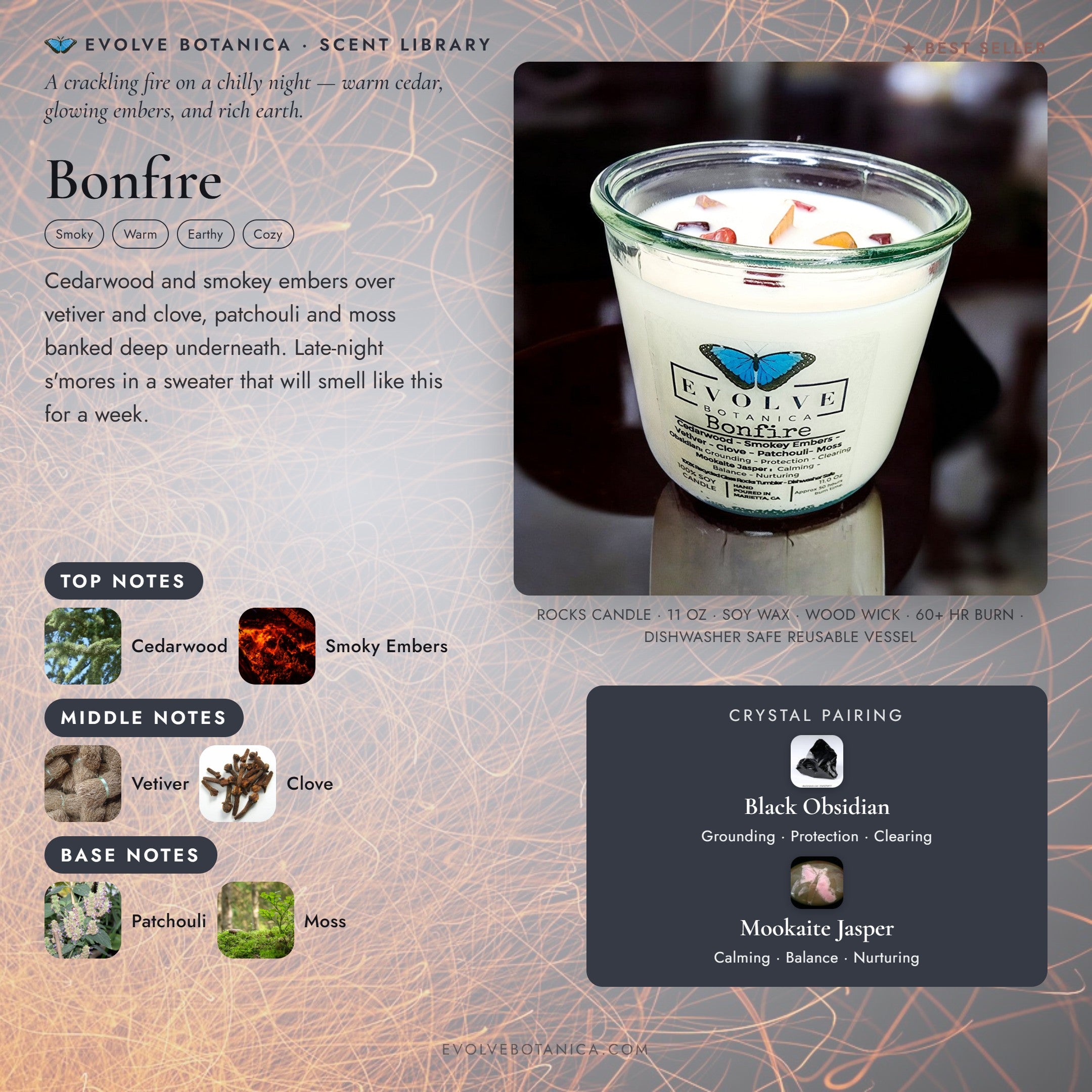 Bonfire scent notes — Cedarwood, Smokey Embers, Vetiver, Clove, Patchouli, and Moss paired with Black Obsidian and Mookaite Jasper crystals. Evolve Botanica Rocks candle: 11 oz soy wax, wood wick, reusable glass.