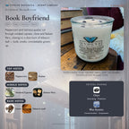 Book Boyfriend scent notes — Peppercorn, Guaiac, Balsam Peru, Smoked Cypress, Clove, and Tobacco Leaf paired with Onyx and Blue Kyanite crystals. Evolve Botanica Rocks candle: 11 oz soy wax, wood wick, reusable glass.
