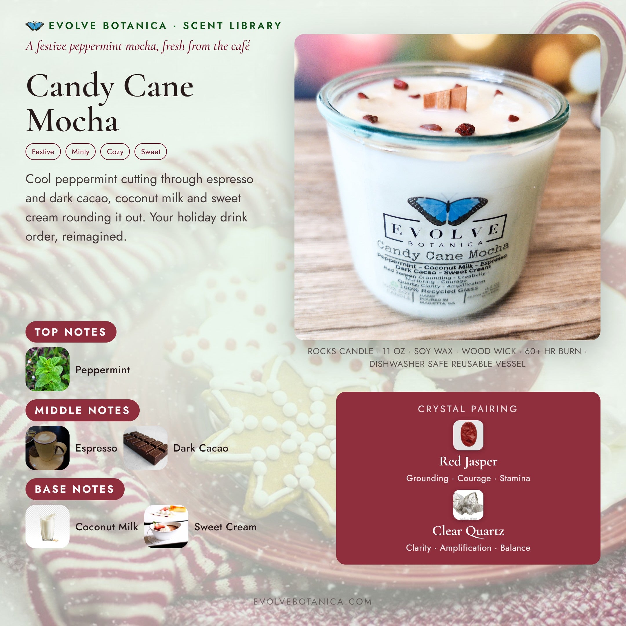 Candy Cane Mocha scent notes — Peppermint, Coconut Milk, Espresso, Dark Cacao, and Sweet Cream paired with Red Jasper and Quartz crystals. Evolve Botanica Rocks candle: 11 oz soy wax, wood wick, reusable glass.