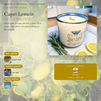 Capri Lemon scent notes — Lemon Peel, Sea Salt, and Ozone paired with a Citrine crystal. Evolve Botanica Rocks candle: 11 oz soy wax, wood wick, reusable glass.