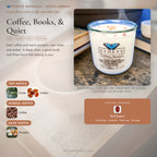 Coffee, Books, & Quiet scent notes — Cedar, Amber, Coffee, and Pumpkin paired with a Red Jasper crystal. Evolve Botanica Rocks candle: 11 oz soy wax, wood wick, reusable glass.