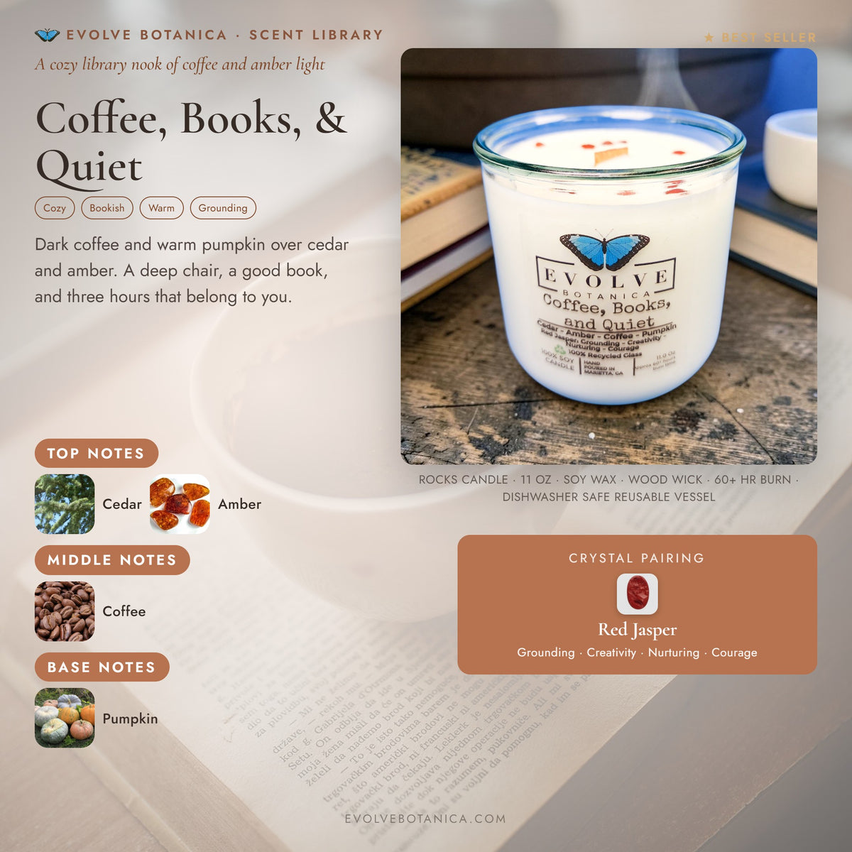 Coffee, Books, & Quiet scent notes — Cedar, Amber, Coffee, and Pumpkin paired with a Red Jasper crystal. Evolve Botanica Rocks candle: 11 oz soy wax, wood wick, reusable glass.