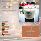 Date Night scent notes — Bergamot, Tonka Bean, and Cocoa Absolute paired with Carnelian and Rose Quartz crystals. Evolve Botanica Rocks candle: 11 oz soy wax, wood wick, reusable glass.