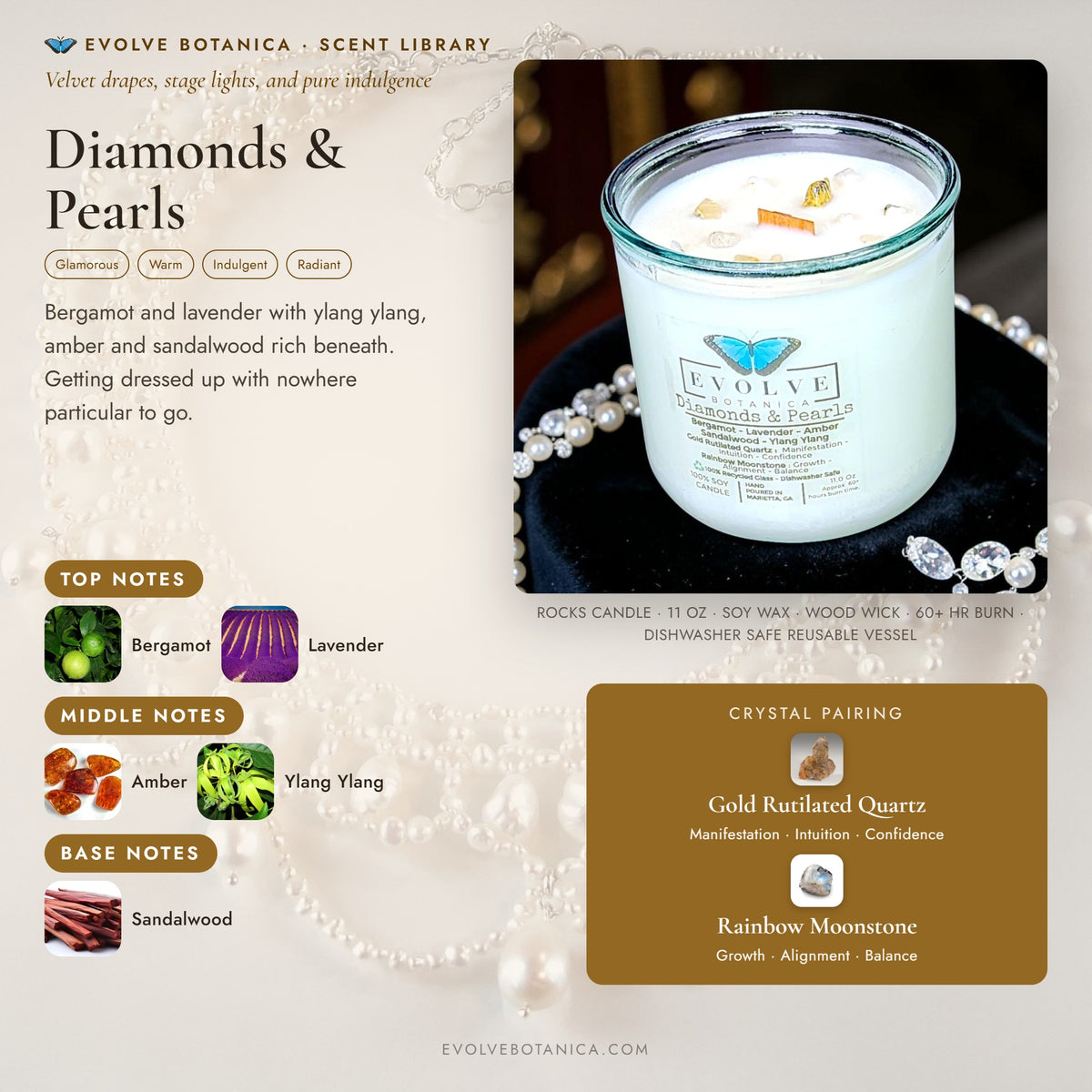 Diamonds & Pearls scent notes — Bergamot, Lavender, Amber, Sandalwood, and Ylang Ylang paired with Gold Rutilated Quartz and Rainbow Moonstone crystals. Evolve Botanica Rocks candle: 11 oz soy wax, wood wick, reusable glass.