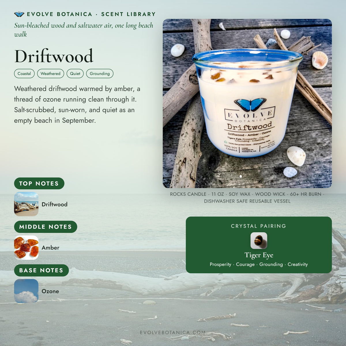Driftwood scent notes — Driftwood, Amber, and Ozone paired with a Tiger Eye crystal. Evolve Botanica Rocks candle: 11 oz soy wax, wood wick, reusable glass.
