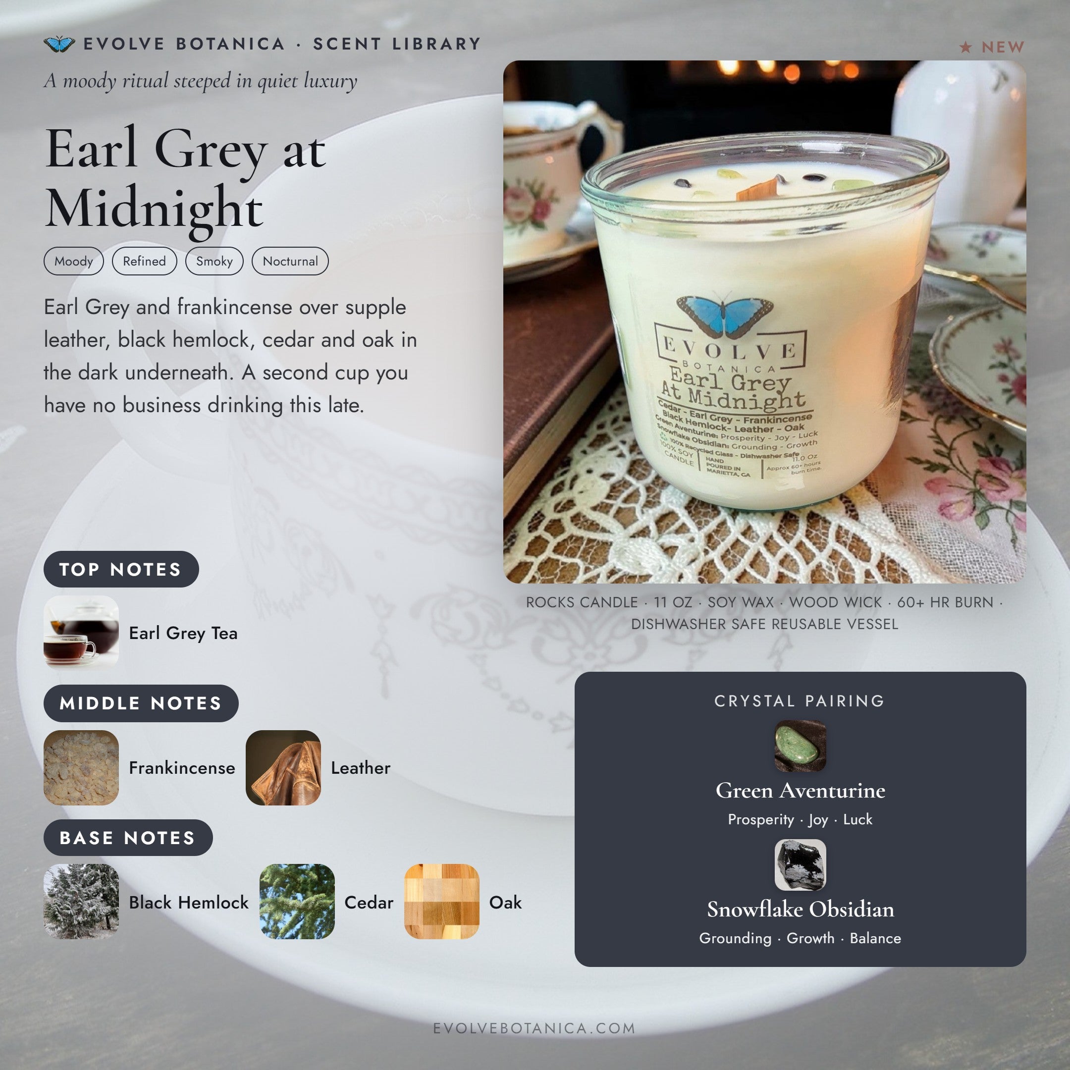 Earl Grey at Midnight scent notes — Cedar, Earl Grey, Frankincense, Black Hemlock, Leather, and Oak paired with Green Aventurine and Snowflake Obsidian crystals. Evolve Botanica Rocks candle: 11 oz soy wax, wood wick, reusable glass.