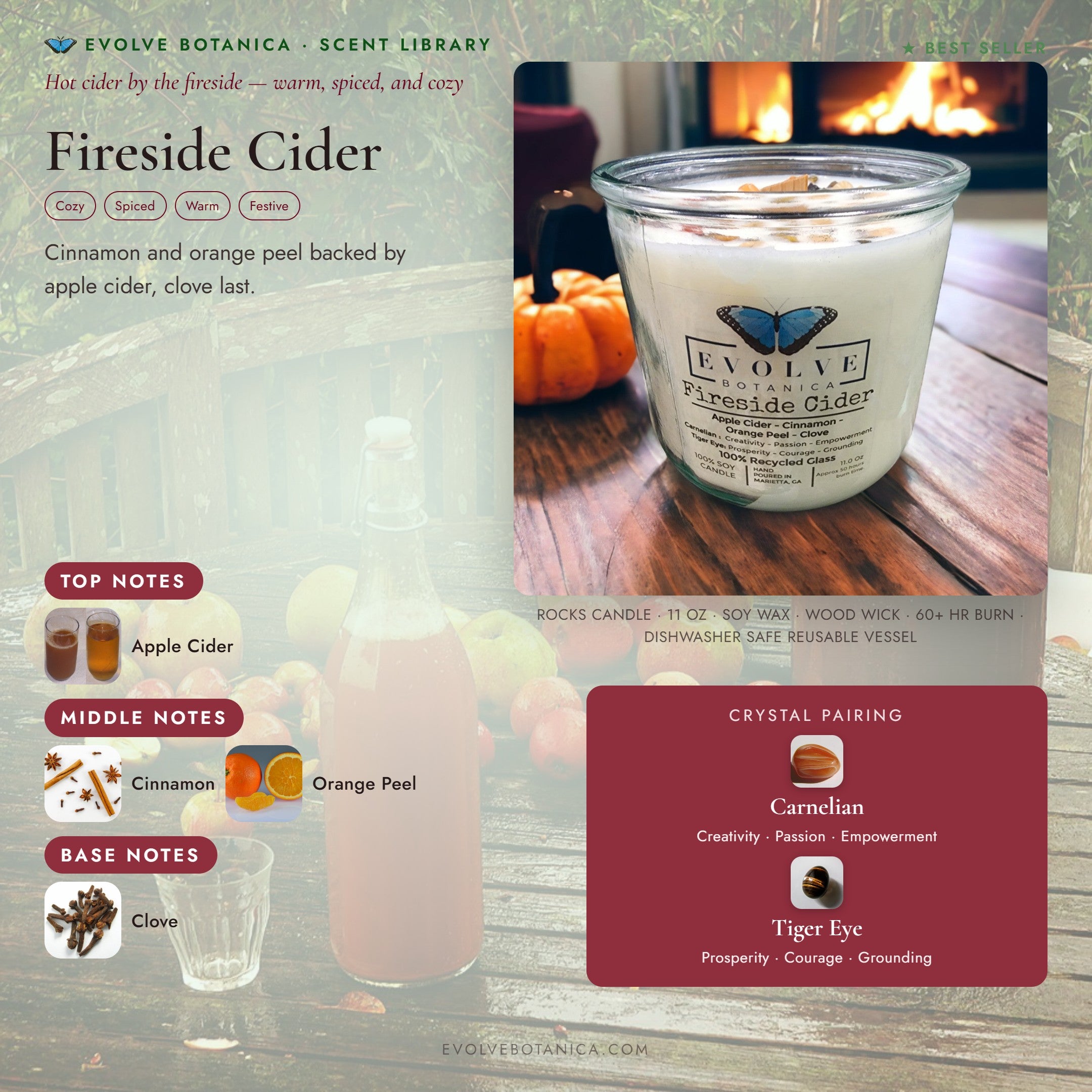 Fireside Cider scent notes — Apple Cider, Cinnamon, Orange Peel, and Clove paired with Carnelian and Tiger Eye crystals. Evolve Botanica Rocks candle: 11 oz soy wax, wood wick, reusable glass.