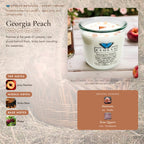 Georgia Peach scent notes — Juicy Peaches, Tonka Bean, and Plums paired with Sunstone and Rose Quartz crystals. Evolve Botanica Rocks candle: 11 oz soy wax, wood wick, reusable glass.