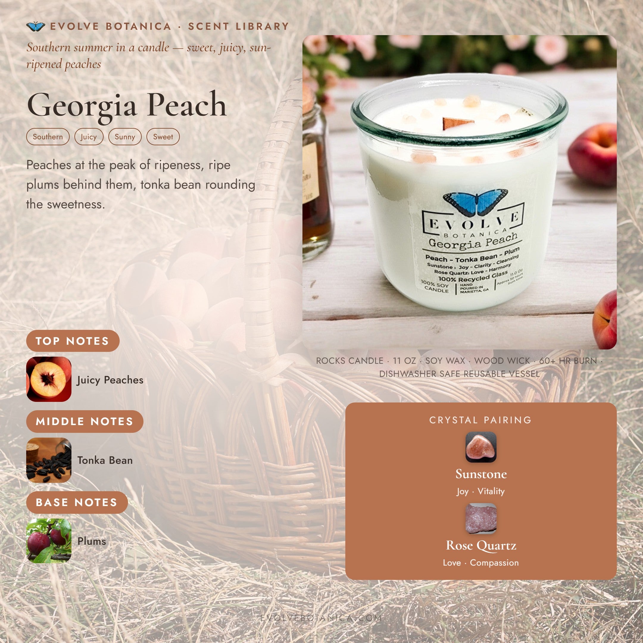 Georgia Peach scent notes — Juicy Peaches, Tonka Bean, and Plums paired with Sunstone and Rose Quartz crystals. Evolve Botanica Rocks candle: 11 oz soy wax, wood wick, reusable glass.