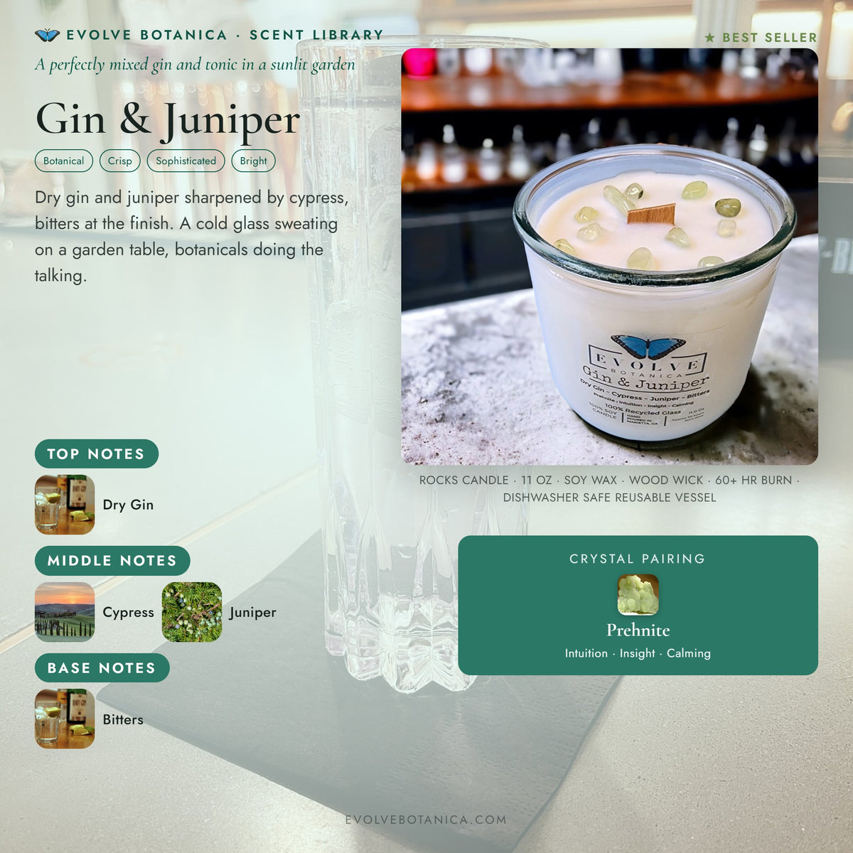 Gin & Juniper scent notes — Dry Gin, Cypress, Juniper, and Bitters paired with a Prehnite crystal. Evolve Botanica Rocks candle: 11 oz soy wax, wood wick, reusable glass.