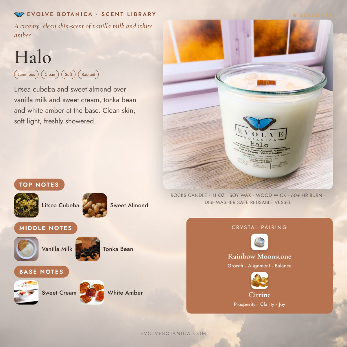 Halo scent notes — Litsea Cubeba, Sweet Almond, Vanilla Milk, Tonka Bean, Sweet Cream, and White Amber paired with Rainbow Moonstone and Citrine crystals. Evolve Botanica Rocks candle: 11 oz soy wax, wood wick, reusable glass.