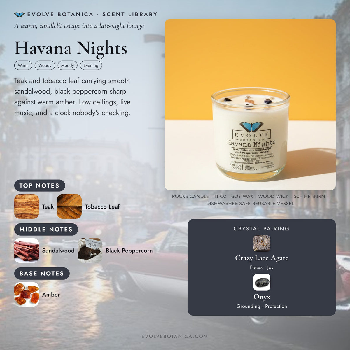 Havana Nights scent notes — Teak, Tobacco Leaf, Sandalwood, Black Peppercorn, and Amber paired with Crazy Lace Agate and Onyx crystals. Evolve Botanica Rocks candle: 11 oz soy wax, wood wick, reusable glass.