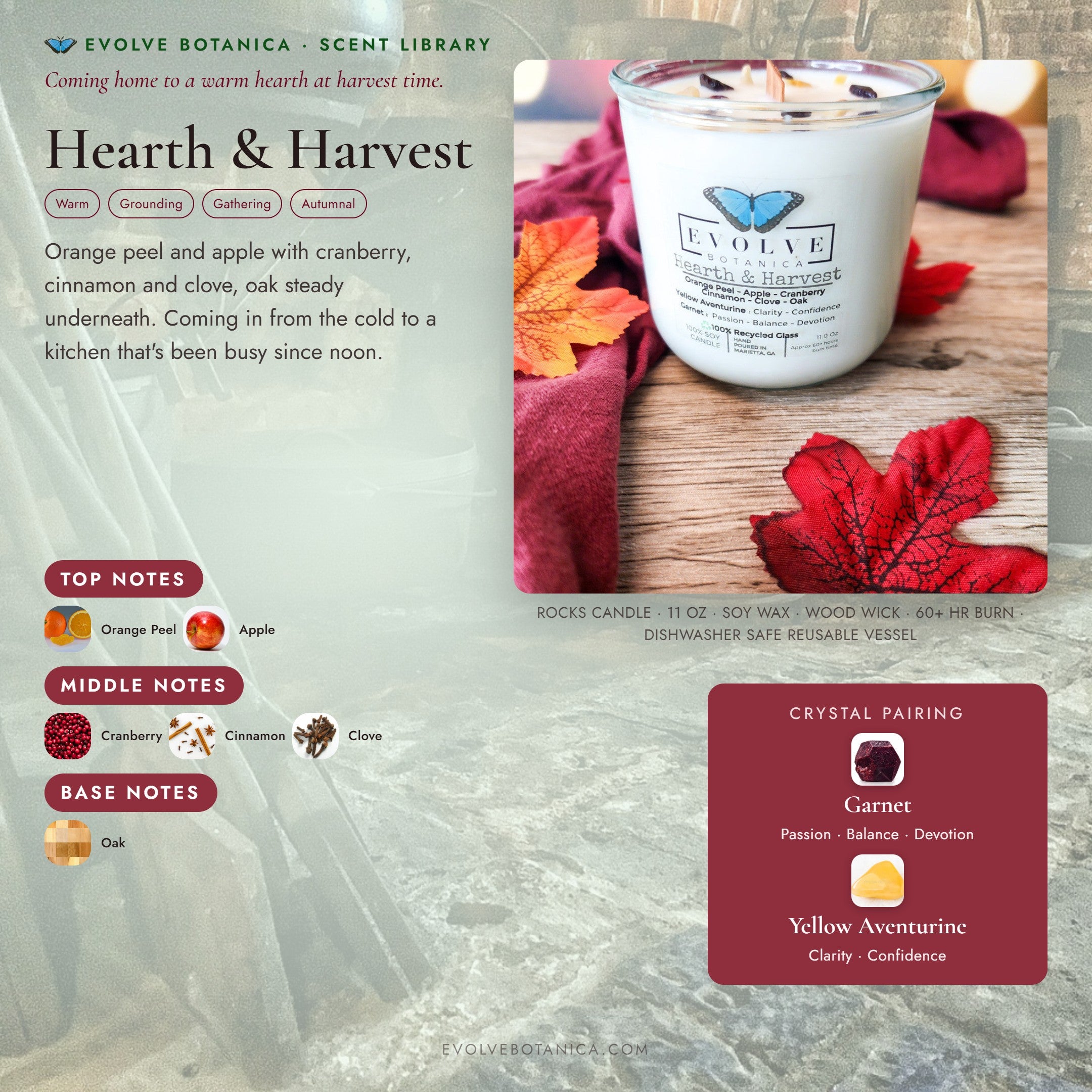 Hearth & Harvest scent notes — Orange Peel, Apple, Cranberry, Cinnamon, Clove, and Oak paired with Yellow Aventurine and Garnet crystals. Evolve Botanica Rocks candle: 11 oz soy wax, wood wick, reusable glass.