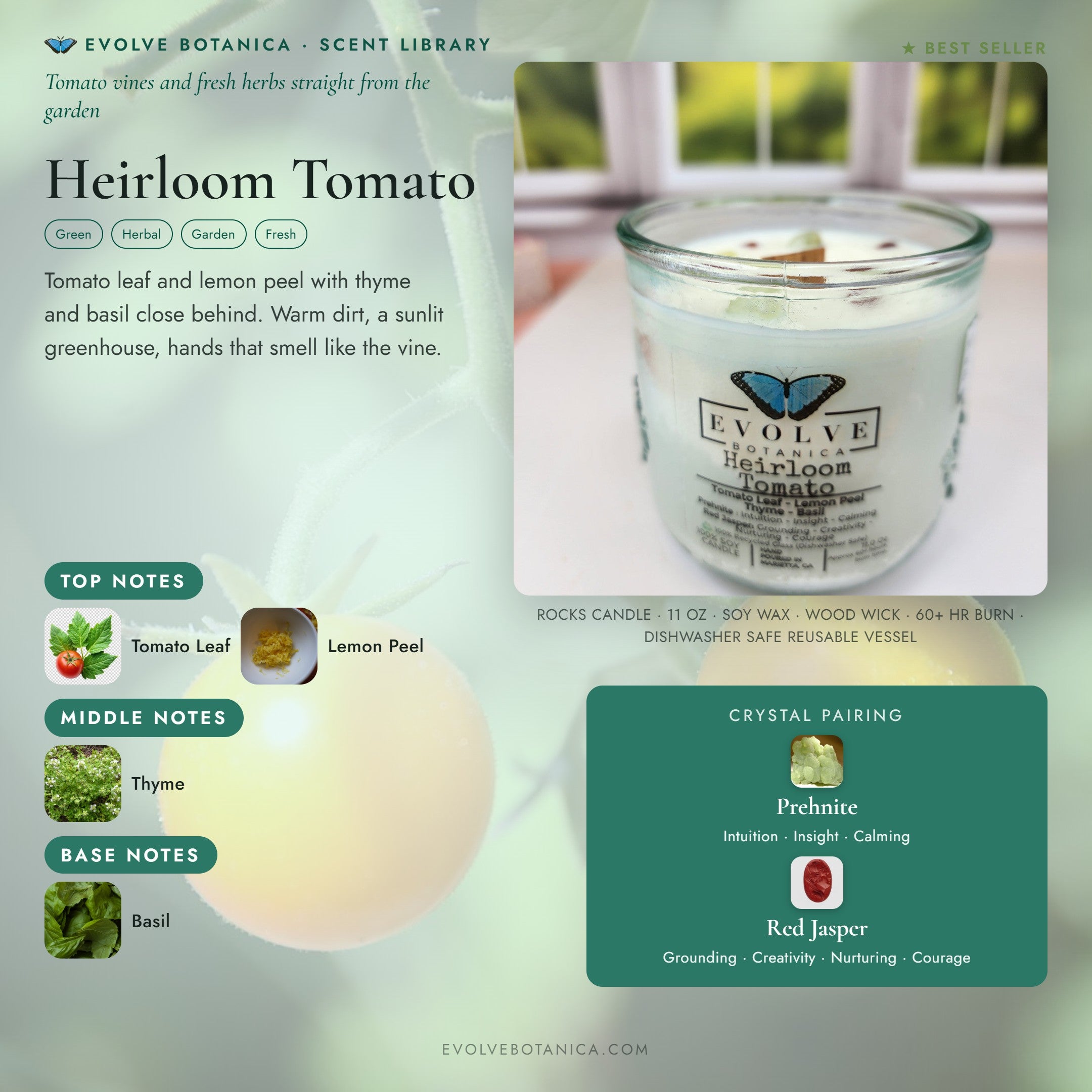 Heirloom Tomato scent notes — Tomato Leaf, Lemon Peel, Thyme, and Basil paired with Prehnite and Red Jasper crystals. Evolve Botanica Rocks candle: 11 oz soy wax, wood wick, reusable glass.