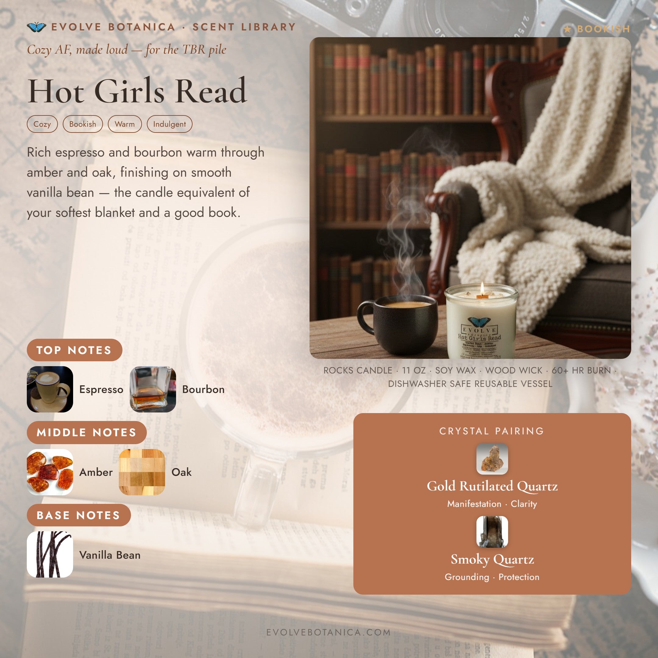Hot Girls Read scent notes — Vanilla Bean, Amber, Espresso, Oak, and Bourbon paired with Gold Rutilated Quartz and Smoky Quartz crystals. Evolve Botanica Rocks candle: 11 oz soy wax, wood wick, reusable glass.