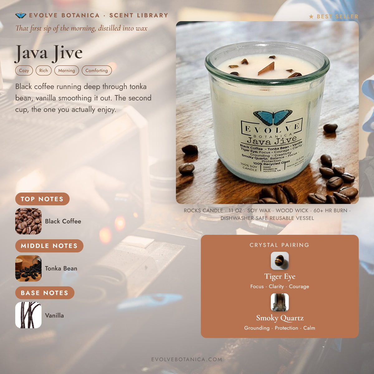 Java Jive scent notes — Black Coffee, Tonka Bean, and Vanilla paired with Tiger Eye and Smoky Quartz crystals. Evolve Botanica Rocks candle: 11 oz soy wax, wood wick, reusable glass.