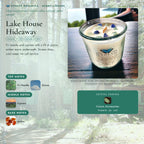 Lake House Hideaway scent notes — Fir Needle, Ozone, Cypress, and Amber paired with Green Aventurine and Sodalite crystals. Evolve Botanica Rocks candle: 11 oz soy wax, wood wick, reusable glass.