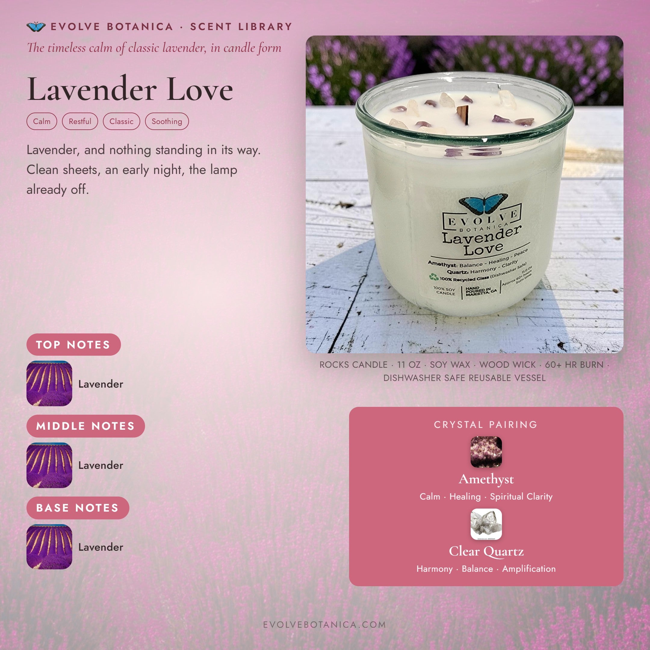 Lavender Love scent notes — Lavender paired with Amethyst and Quartz crystals. Evolve Botanica Rocks candle: 11 oz soy wax, wood wick, reusable glass.