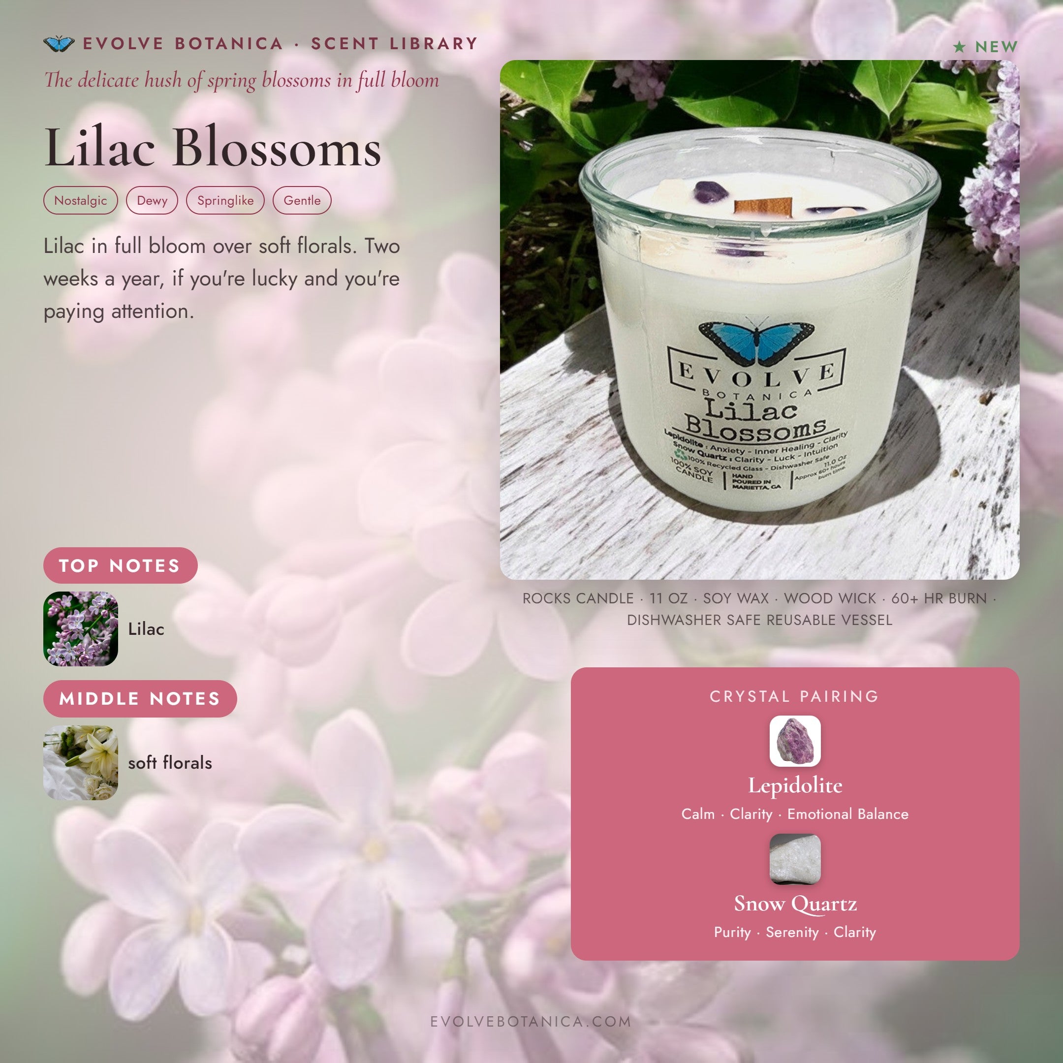 Lilac Blossoms scent notes — Lilac and soft florals paired with a Lepidolite crystal. Evolve Botanica Rocks candle: 11 oz soy wax, wood wick, reusable glass.